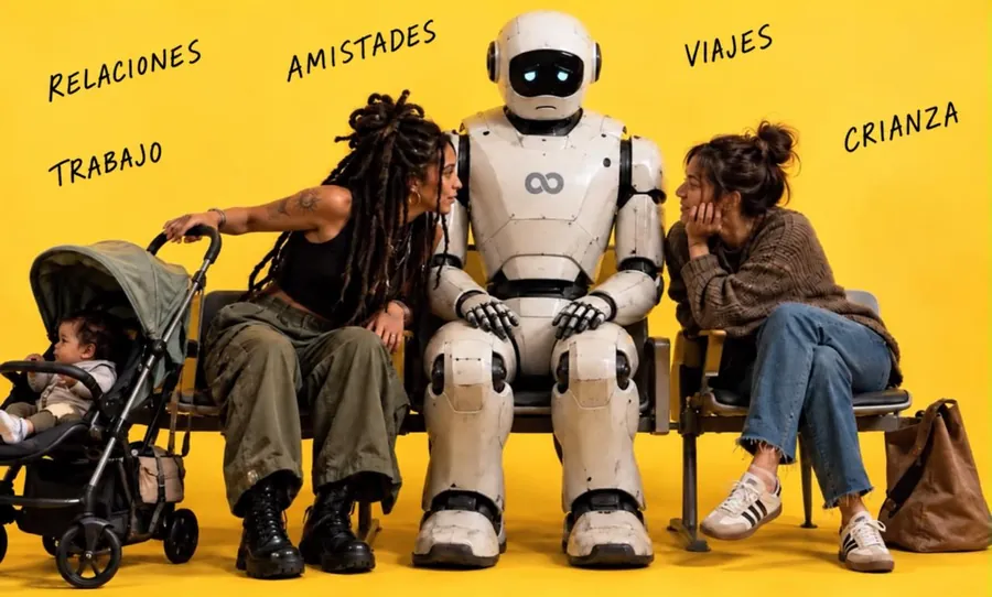 Dos mujeres y un bebé conversando en un banco con un robot, sobre fondo amarillo con las palabras relaciones, amistades, viajes, trabajo y crianza